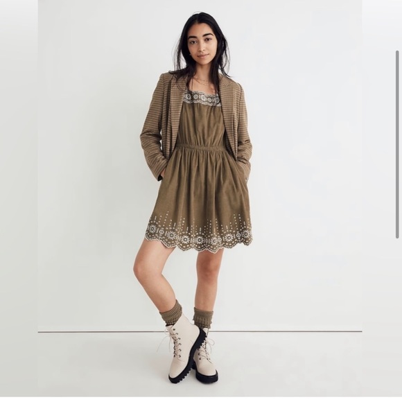 NWT Madewell Embroidered Corduroy Square-Neck Mini Dress - Green - Medium Petite - Picture 2 of 11